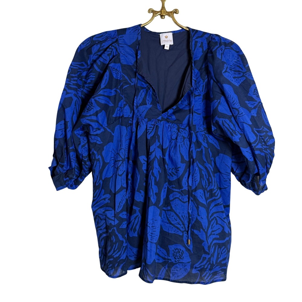 J. Marie Navy Royal Blue Floral Puff Sleeve Cotton V-Neck Top Blouse JM3994 XS